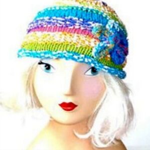 Cotton OOAK Hand Made Beanie Blue Green Pink Stripes All Knit Festival